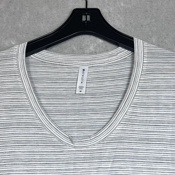 Athleta T Shirt Medium Gray Striped Cloudlight Stratus Tee Stretch Cap Sleeve - Picture 2 of 11